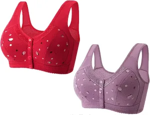 2 Pack Daisy Bras for Older Women Front Snap Close Everyday Bra Plus Size Comfortable No Underwire Sleep T Shirt Bra