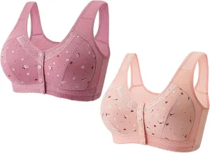 2 Pack Daisy Bras for Older Women Front Snap Close Everyday Bra Plus Size Comfortable No Underwire Sleep T Shirt Bra