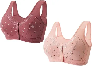 2 Pack Daisy Bras for Older Women Front Snap Close Everyday Bra Plus Size Comfortable No Underwire Sleep T Shirt Bra