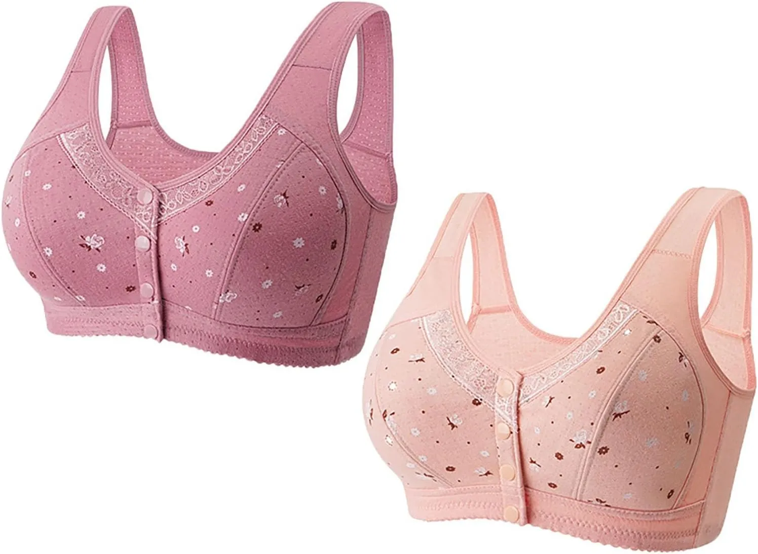 2 Pack Daisy Bras for Older Women Front Snap Close Everyday Bra Plus Size Comfortable No Underwire Sleep T Shirt Bra