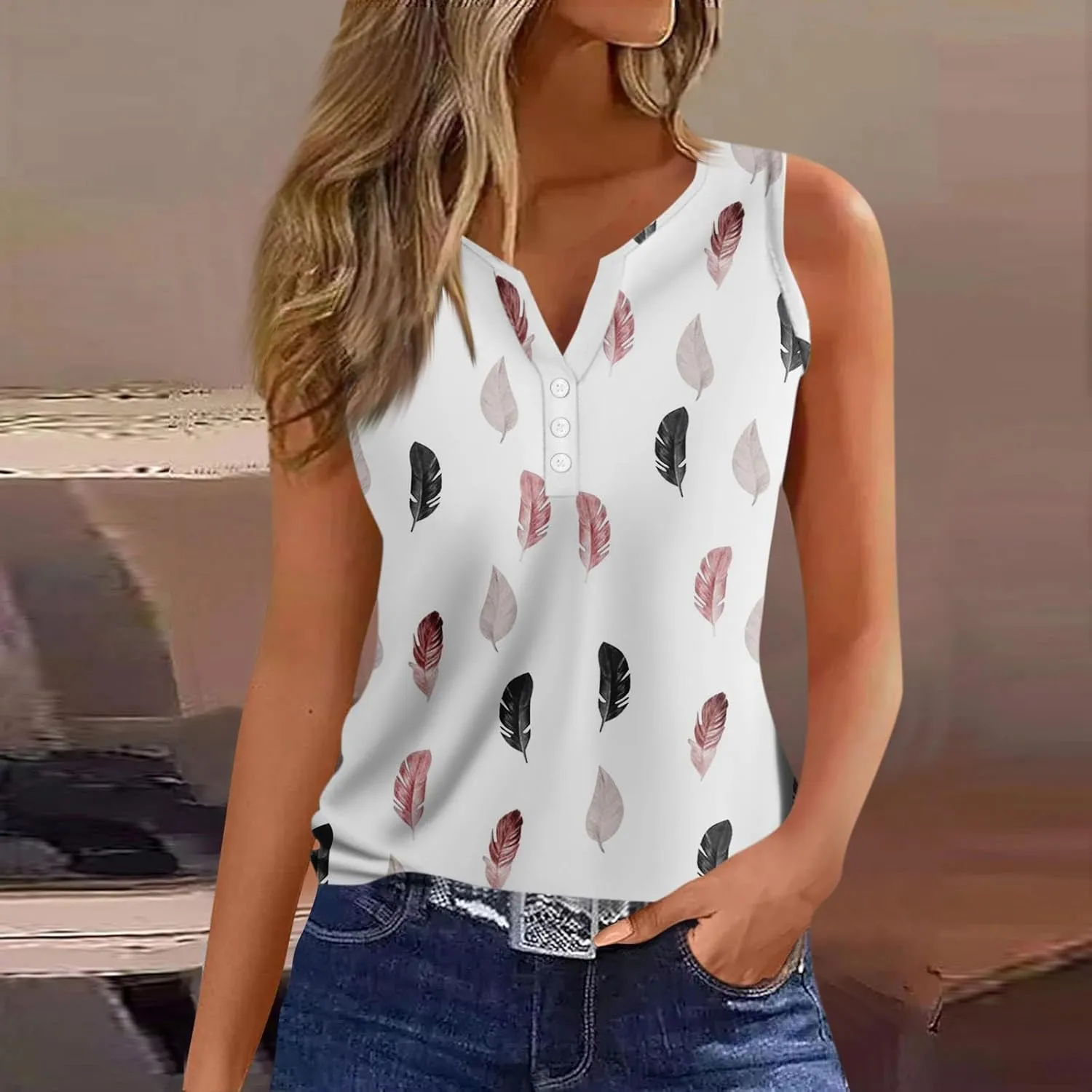 2024 Tank Tshirt Women's Summer V Neck Tops Weekend Shirt Printed Daily Printed Sleeveless Casual Fashion Tunic