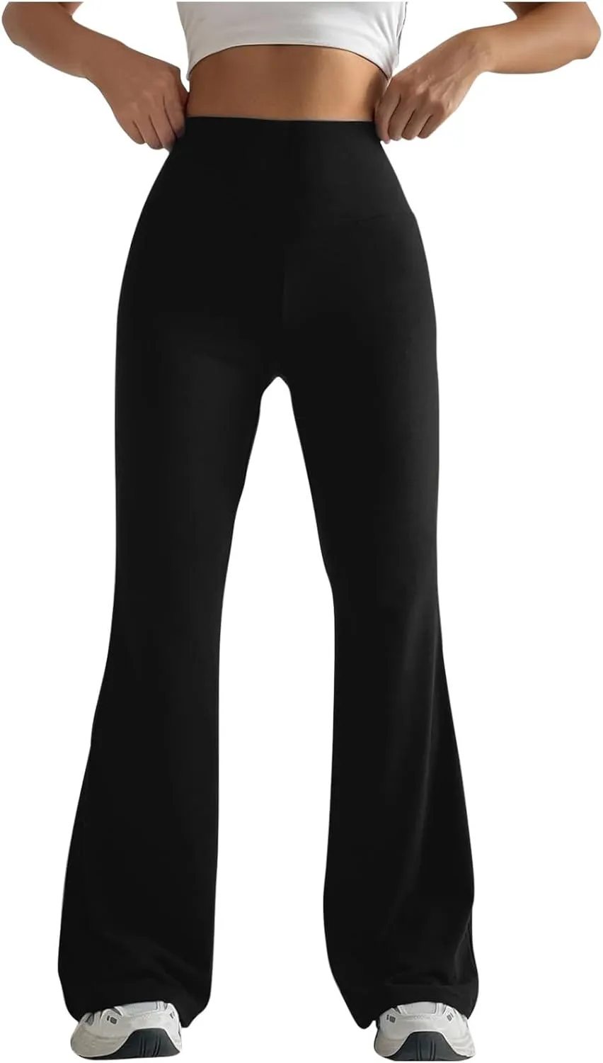 2024 Womens Stretch High Waist Leggings Regular Fitted Solid Flared Pants Active Workout Yoga Pants Seamless Trousers