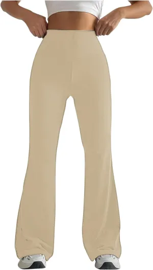 2024 Womens Stretch High Waist Leggings Regular Fitted Solid Flared Pants Active Workout Yoga Pants Seamless Trousers