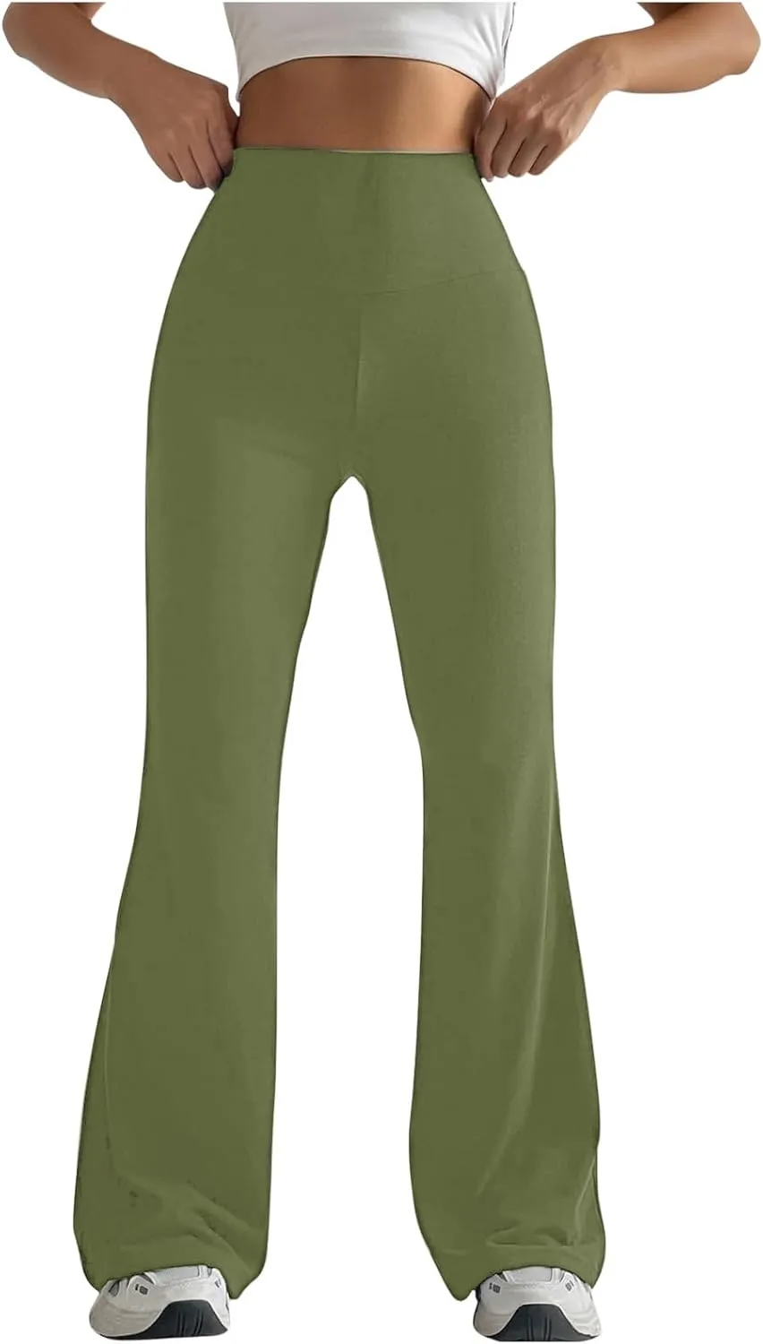 2024 Womens Stretch High Waist Leggings Regular Fitted Solid Flared Pants Active Workout Yoga Pants Seamless Trousers