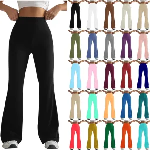 2024 Womens Stretch High Waist Leggings Regular Fitted Solid Flared Pants Active Workout Yoga Pants Seamless Trousers