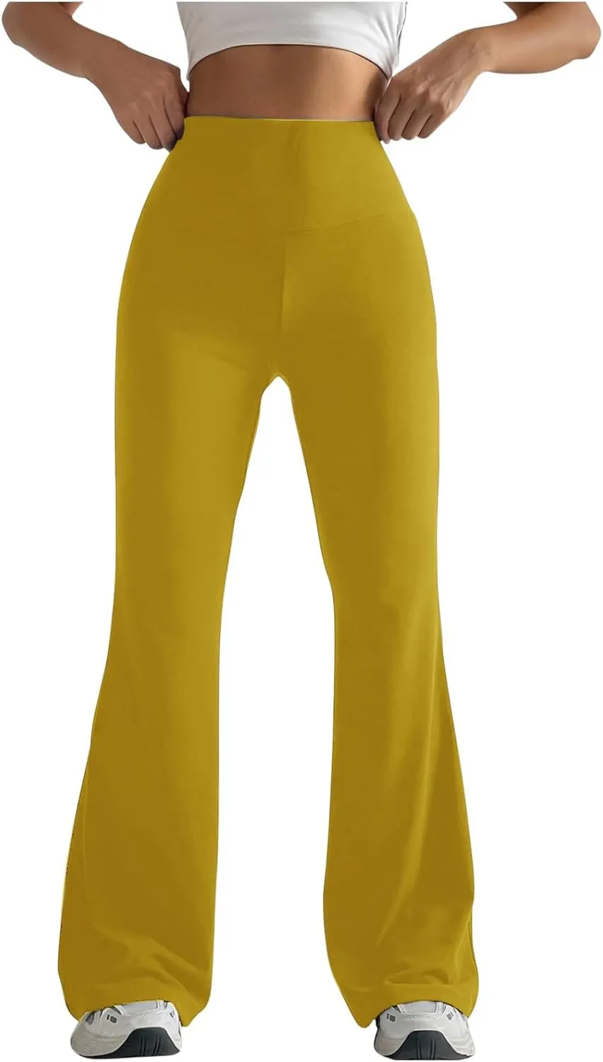 2024 Womens Stretch High Waist Leggings Regular Fitted Solid Flared Pants Active Workout Yoga Pants Seamless Trousers