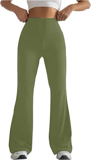 2024 Womens Stretch High Waist Leggings Regular Fitted Solid Flared Pants Active Workout Yoga Pants Seamless Trousers