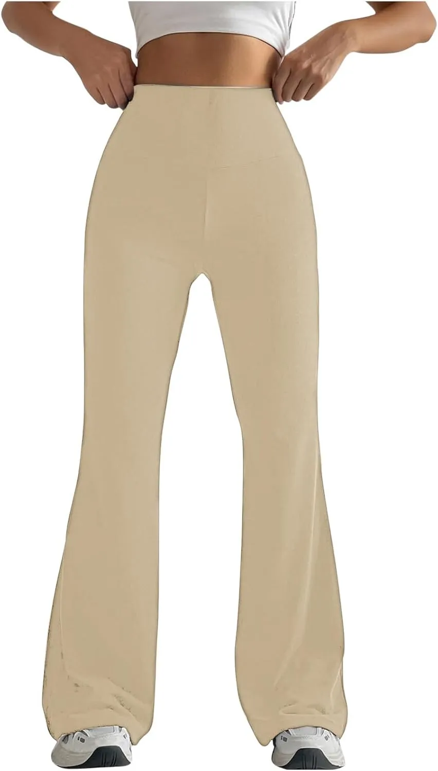 2024 Womens Stretch High Waist Leggings Regular Fitted Solid Flared Pants Active Workout Yoga Pants Seamless Trousers
