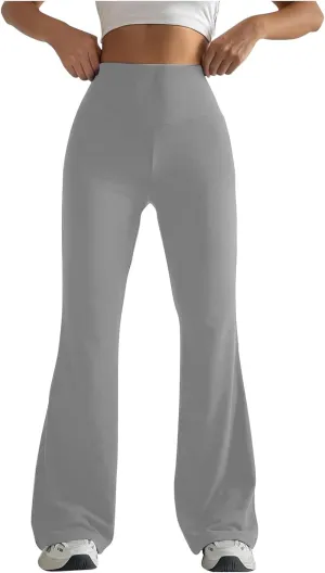 2024 Womens Stretch High Waist Leggings Regular Fitted Solid Flared Pants Active Workout Yoga Pants Seamless Trousers