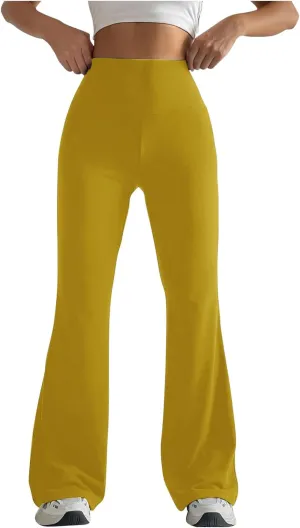 2024 Womens Stretch High Waist Leggings Regular Fitted Solid Flared Pants Active Workout Yoga Pants Seamless Trousers