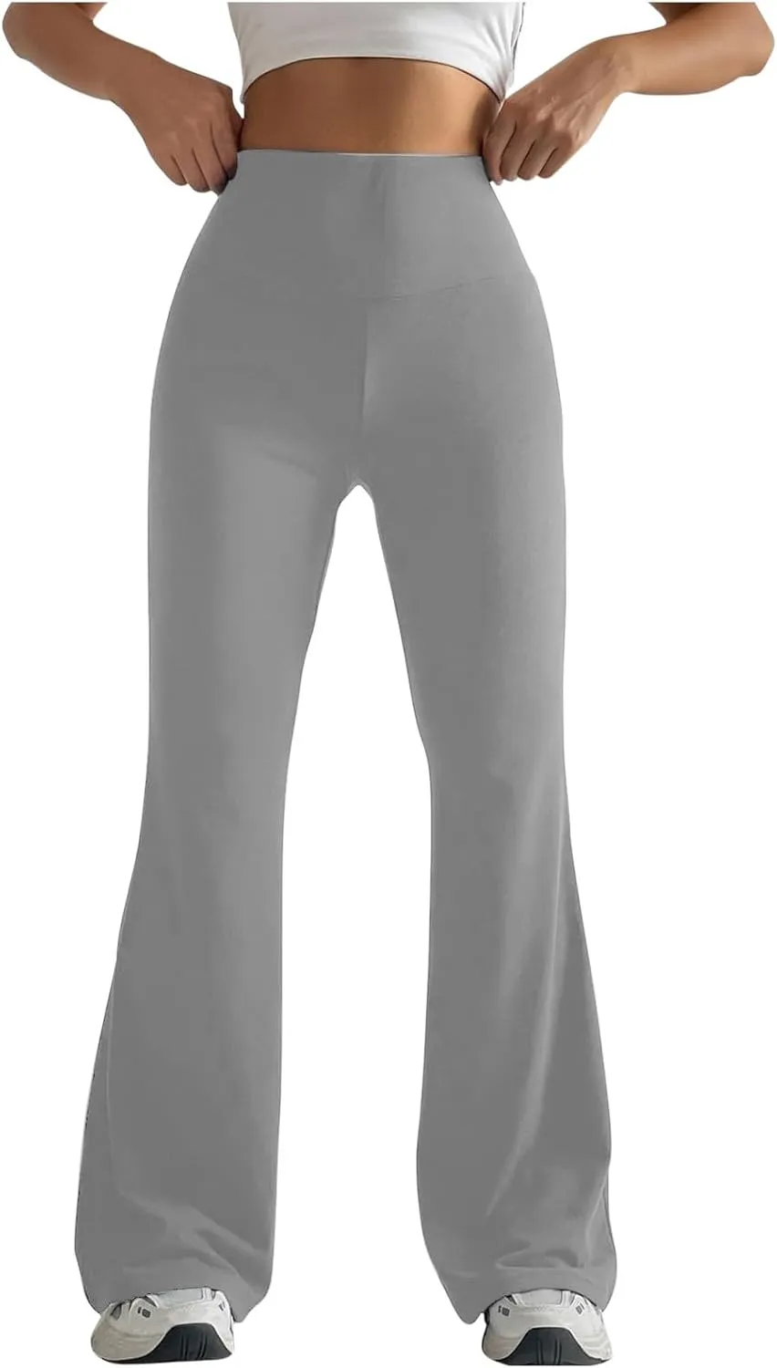 2024 Womens Stretch High Waist Leggings Regular Fitted Solid Flared Pants Active Workout Yoga Pants Seamless Trousers