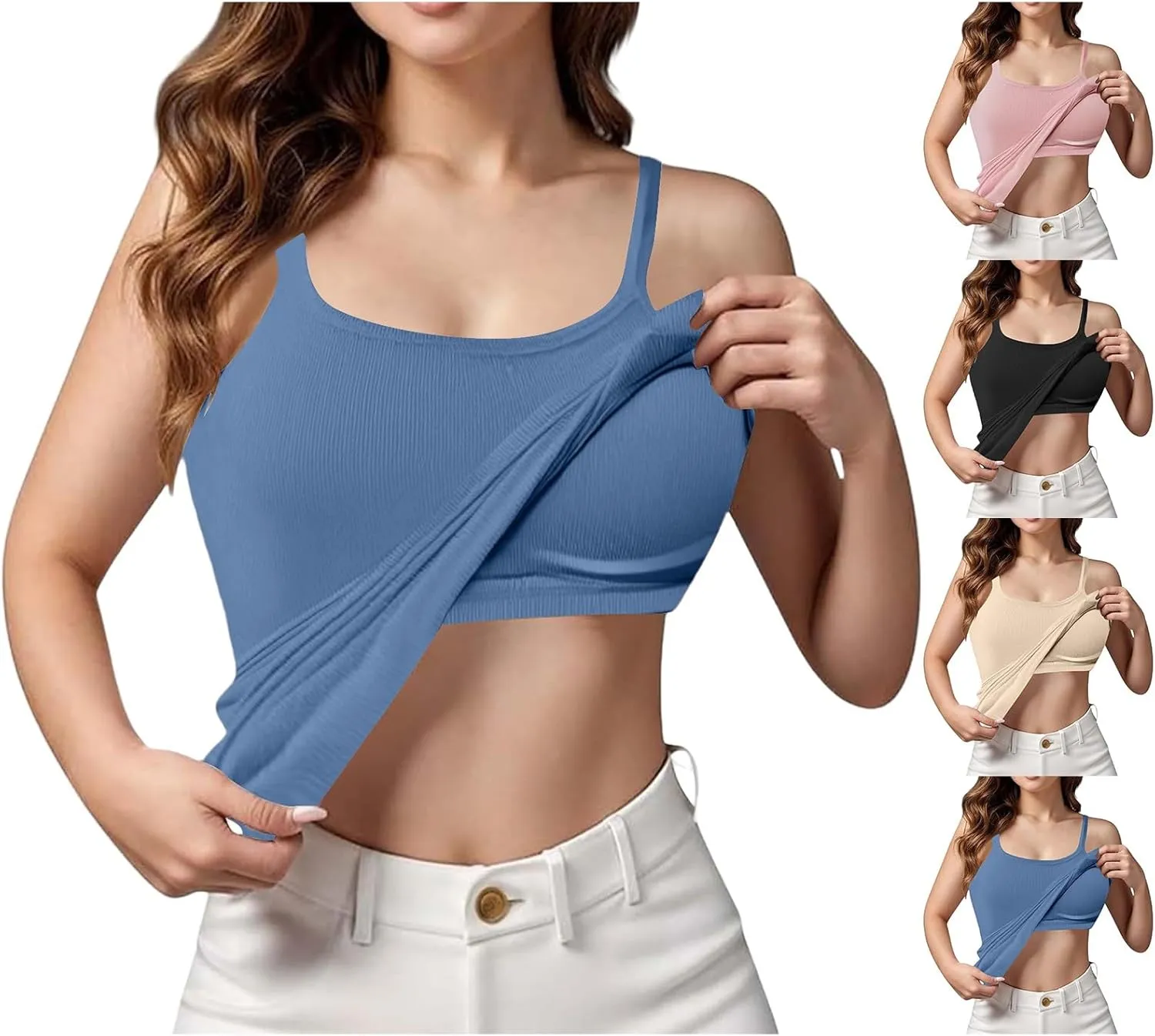 2025 Womens Tank Tops with Built in Bra Casual Scoop Neck Sleeveless Tees Basic Workout Top Camisole Undershirt