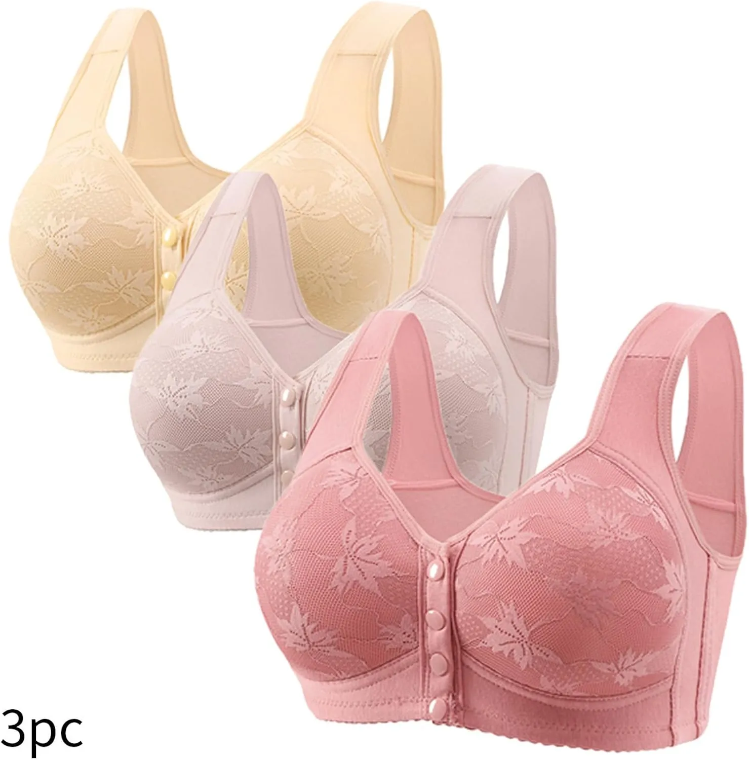 3 Pack Daisy Bras for Older Women Front Button Support and Lift Plus Size Bralettes Full Coverage Underwear