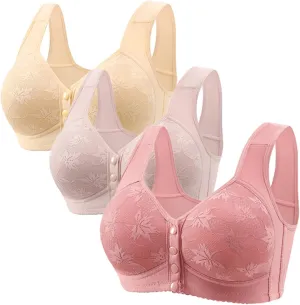 3 Pack Daisy Bras for Older Women Front Button Support and Lift Plus Size Bralettes Full Coverage Underwear
