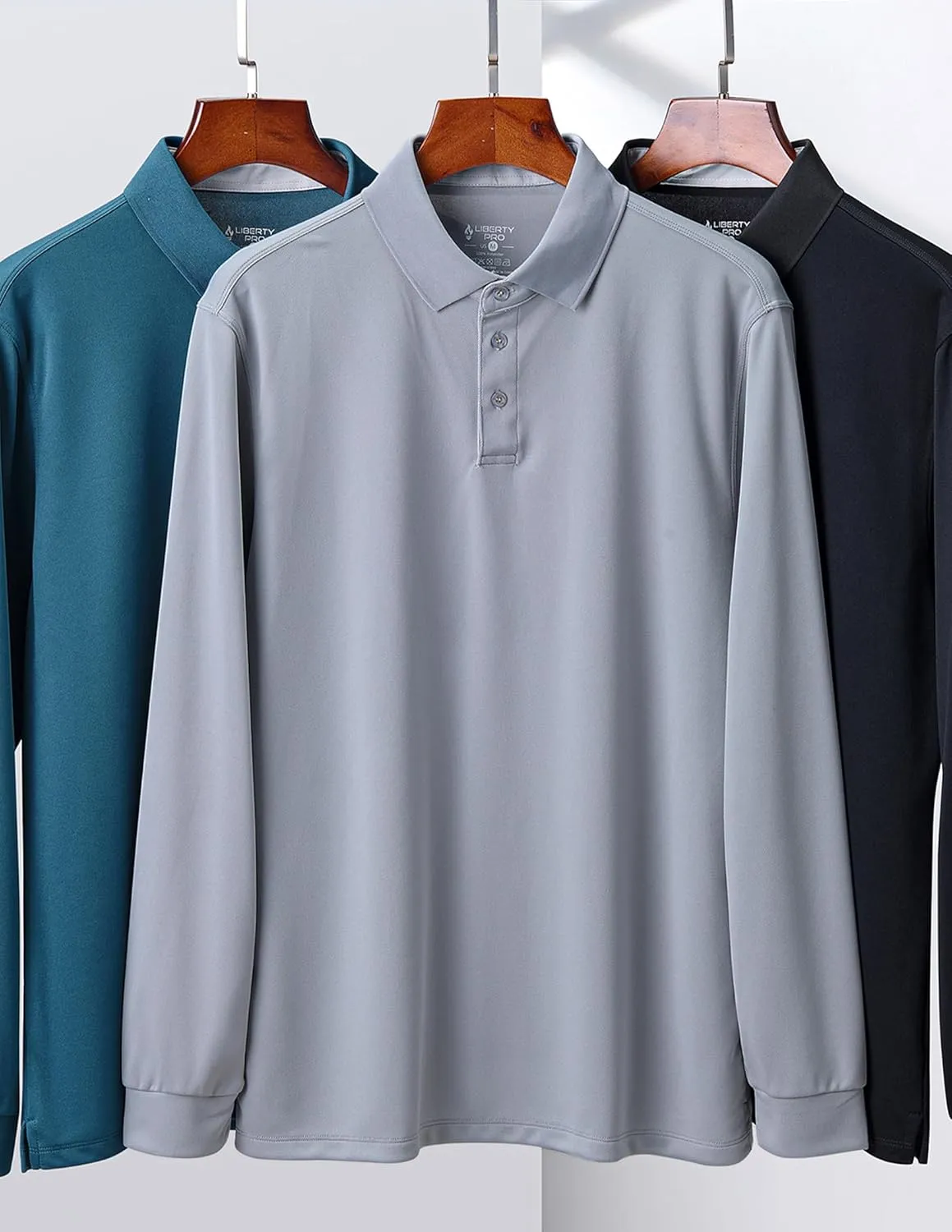 3 Pack: Dry Fit Long Sleeve Polo Shirts for Men, Athletic Collared Golf T-Shirts Performance Tops