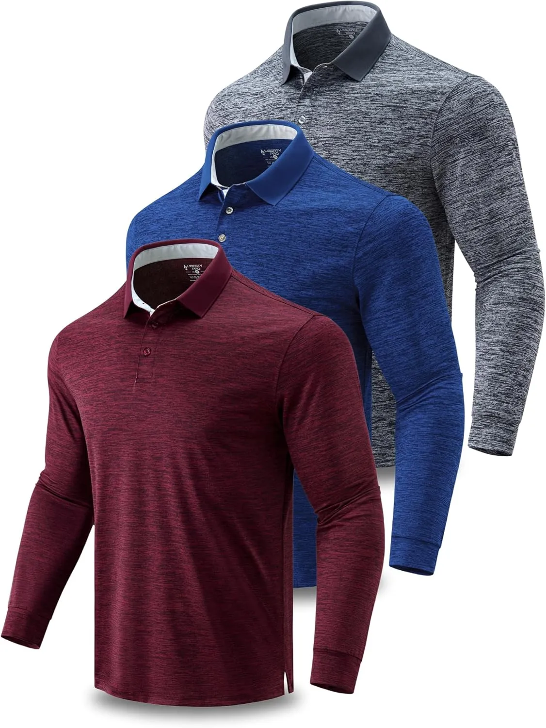 3 Pack: Dry Fit Long Sleeve Polo Shirts for Men, Athletic Collared Golf T-Shirts Performance Tops