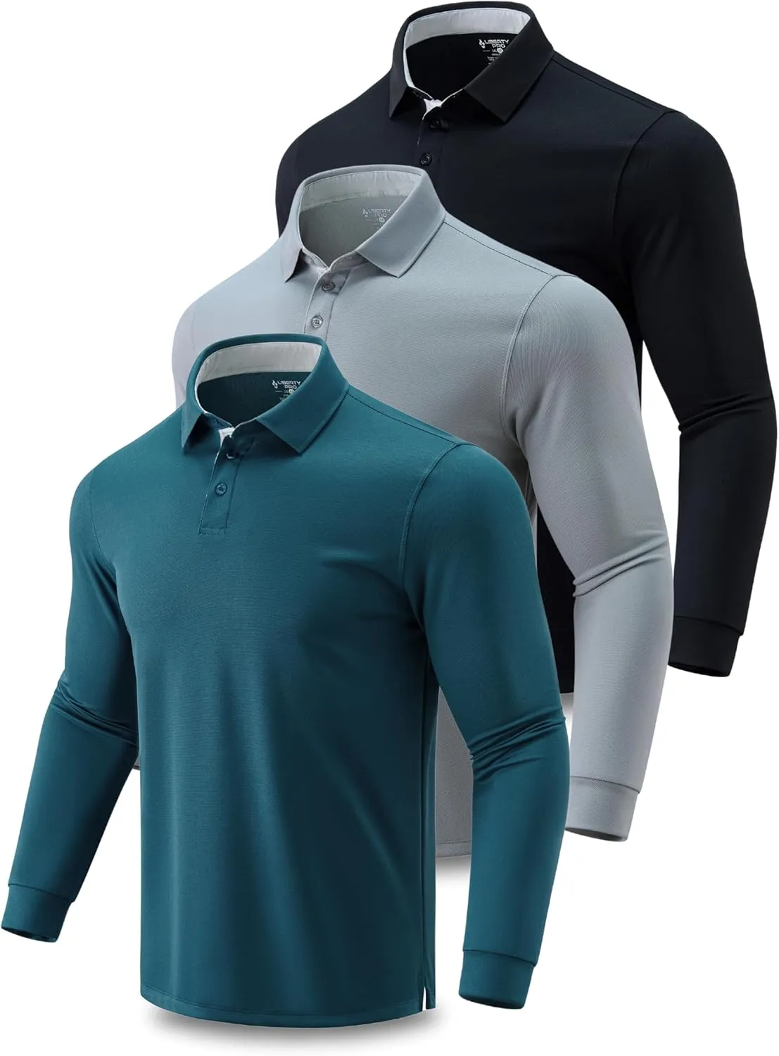 3 Pack: Dry Fit Long Sleeve Polo Shirts for Men, Athletic Collared Golf T-Shirts Performance Tops