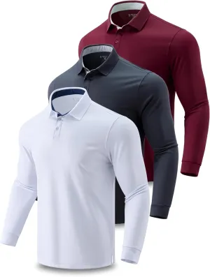 3 Pack: Dry Fit Long Sleeve Polo Shirts for Men, Athletic Collared Golf T-Shirts Performance Tops