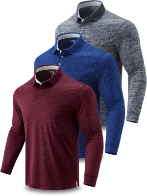 3 Pack: Dry Fit Long Sleeve Polo Shirts for Men, Athletic Collared Golf T-Shirts Performance Tops