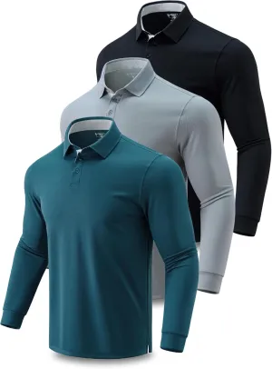 3 Pack: Dry Fit Long Sleeve Polo Shirts for Men, Athletic Collared Golf T-Shirts Performance Tops