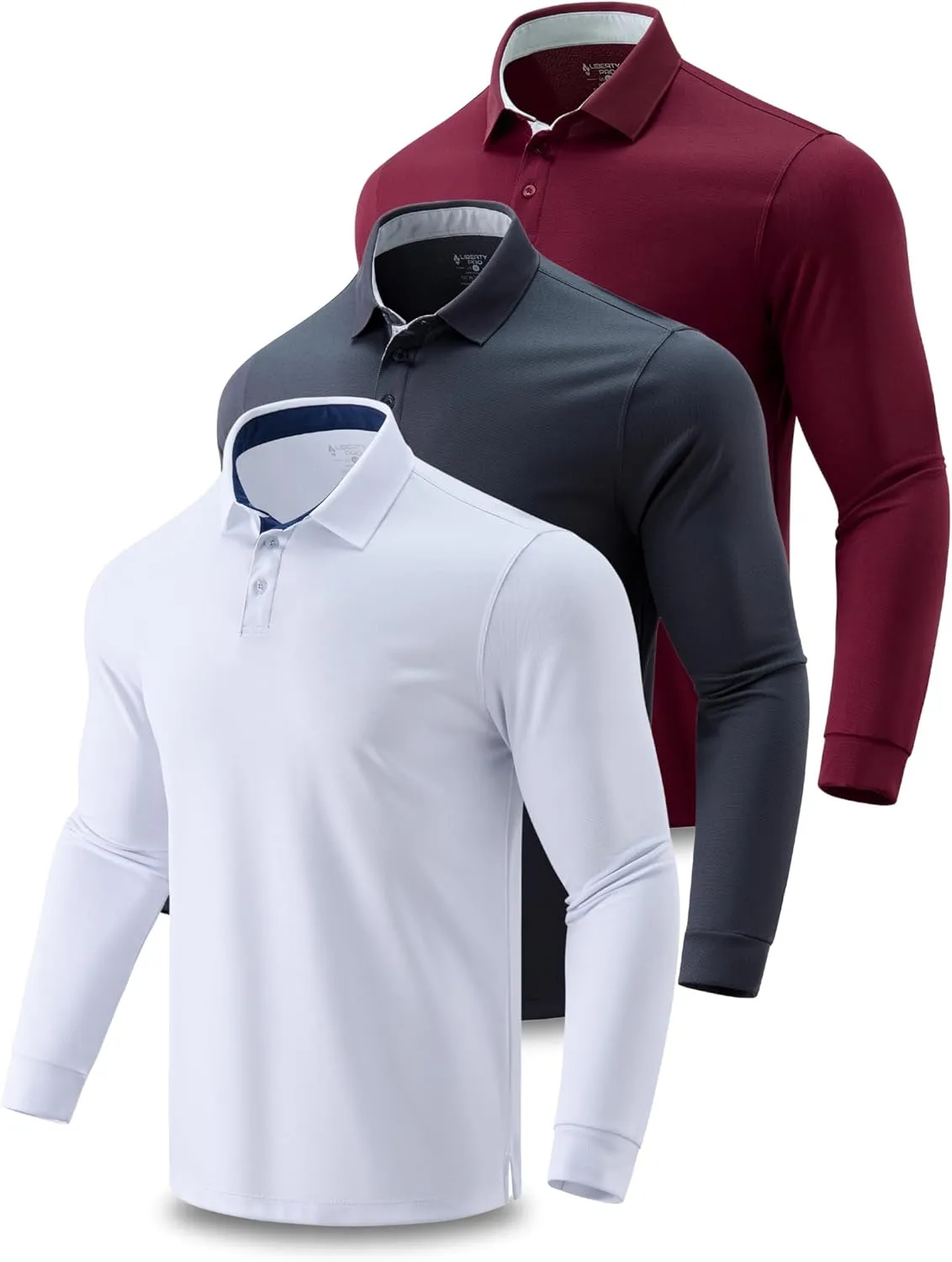 3 Pack: Dry Fit Long Sleeve Polo Shirts for Men, Athletic Collared Golf T-Shirts Performance Tops