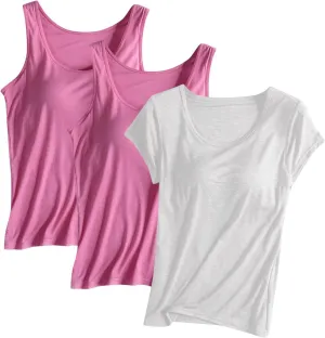 3 Pack Women Lounge Tank Tops with Built in Bra, Comfort Active Yoga Vest Soft Workout Sleeveless Shirt Sports Tanks