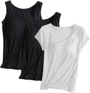 3 Pack Women Lounge Tank Tops with Built in Bra, Comfort Active Yoga Vest Soft Workout Sleeveless Shirt Sports Tanks