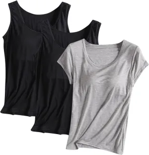 3 Pack Women Lounge Tank Tops with Built in Bra, Comfort Active Yoga Vest Soft Workout Sleeveless Shirt Sports Tanks