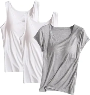 3 Pack Women Lounge Tank Tops with Built in Bra, Comfort Active Yoga Vest Soft Workout Sleeveless Shirt Sports Tanks