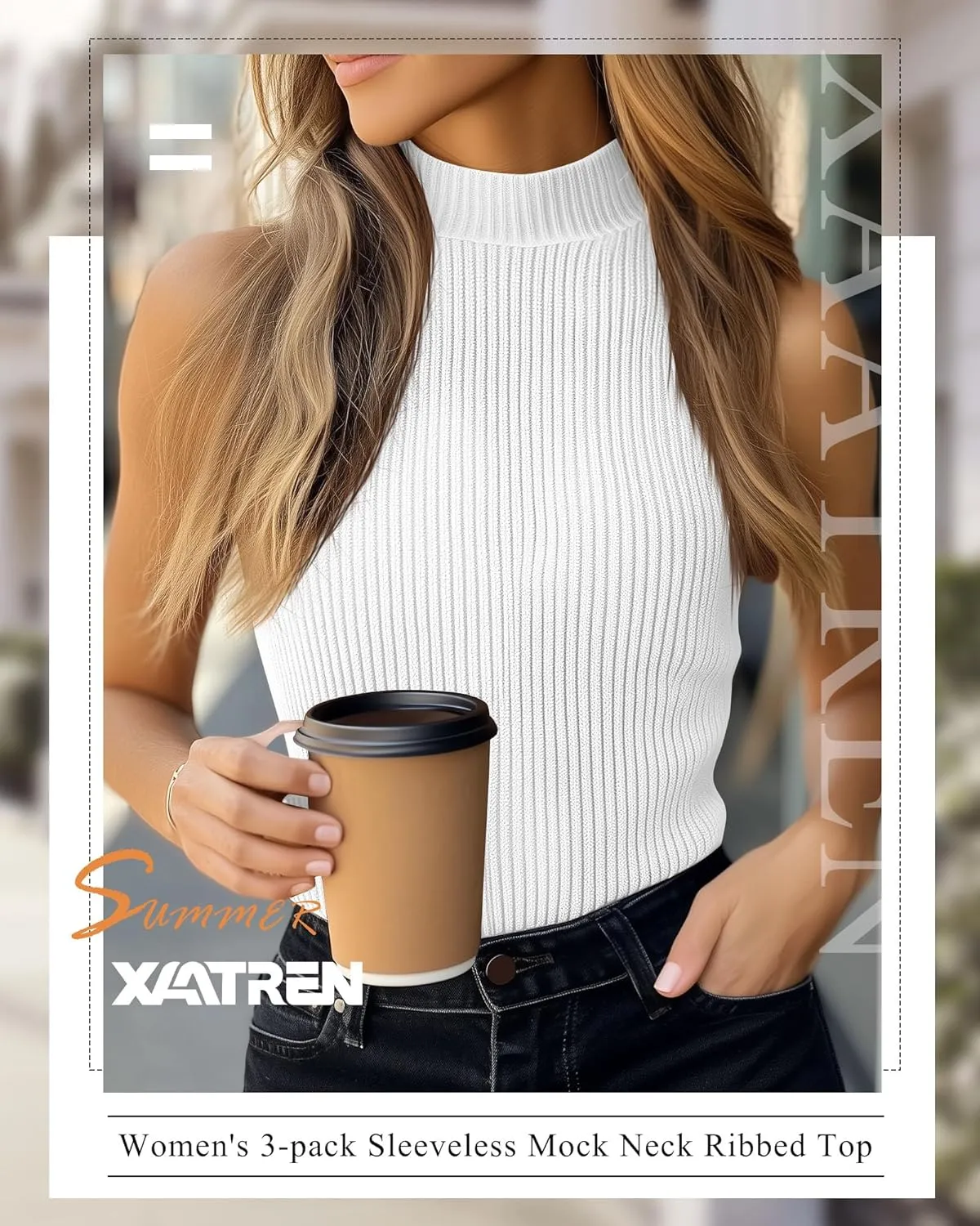 3 Pack Women's Sleeveless Mock Turtlenecks Shirts, Ribbed Stretch Slim Fitted Tank Top Basic Lightweight Bustier Tee