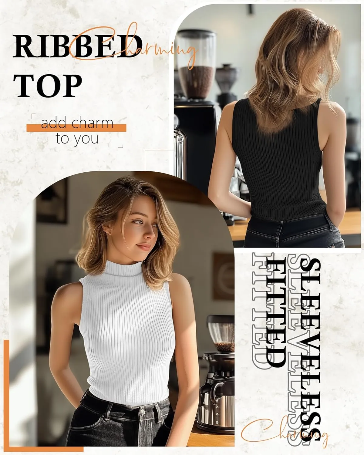 3 Pack Women's Sleeveless Mock Turtlenecks Shirts, Ribbed Stretch Slim Fitted Tank Top Basic Lightweight Bustier Tee