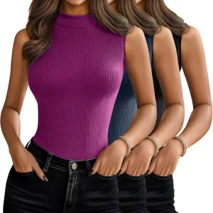 3 Pack Women's Sleeveless Mock Turtlenecks Shirts, Ribbed Stretch Slim Fitted Tank Top Basic Lightweight Bustier Tee