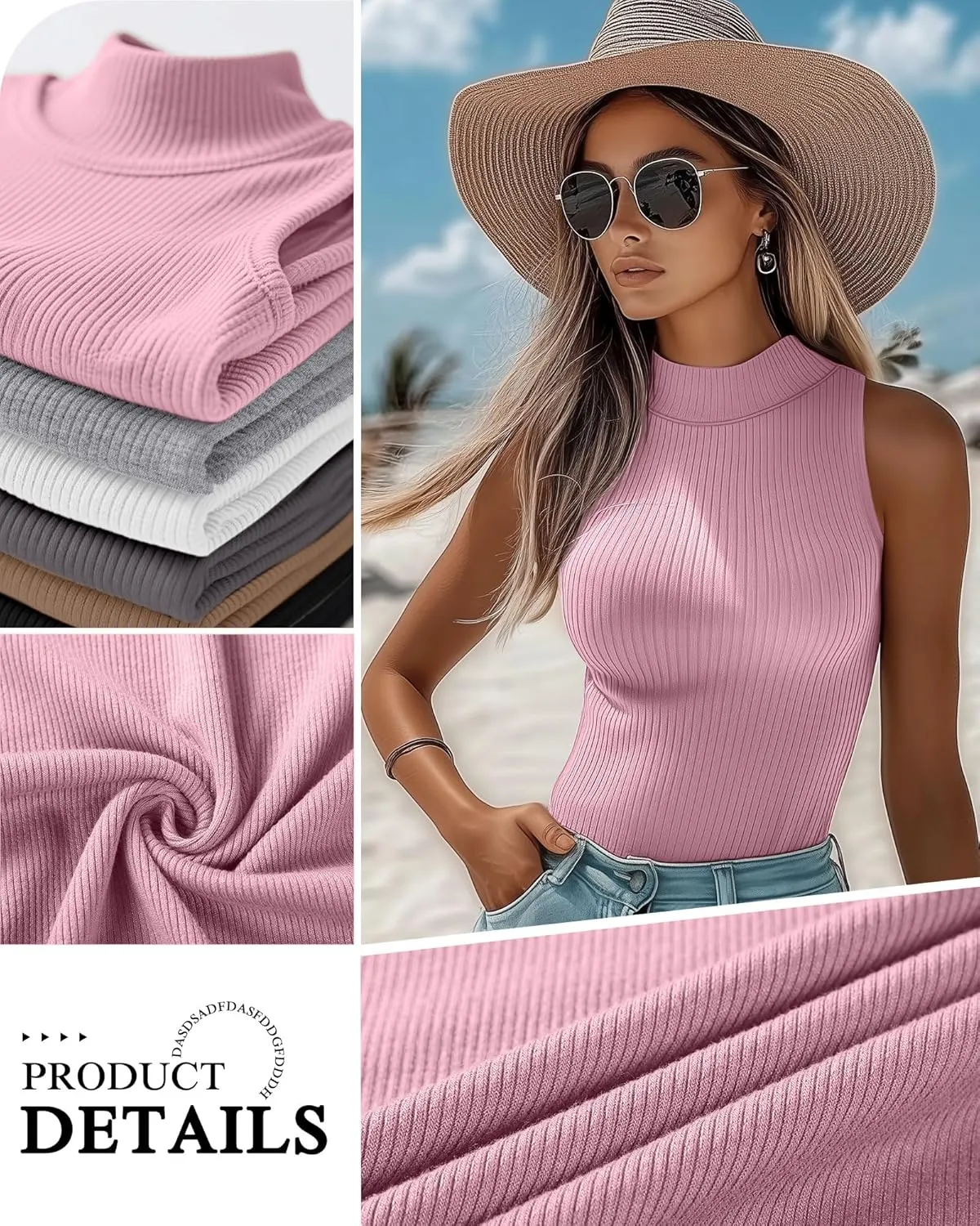 3 Pack Women's Sleeveless Mock Turtlenecks Shirts, Ribbed Stretch Slim Fitted Tank Top Basic Lightweight Bustier Tee