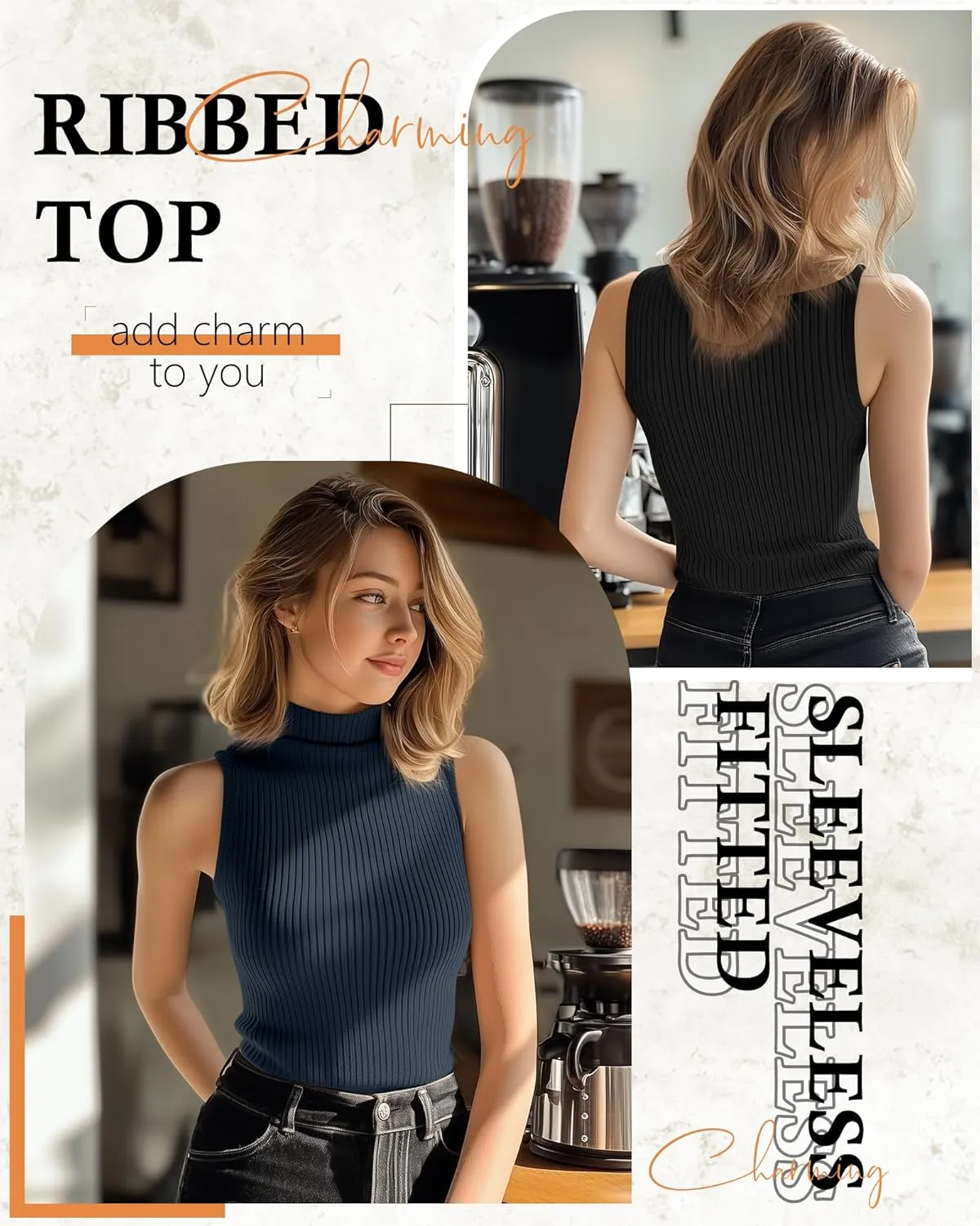 3 Pack Women's Sleeveless Mock Turtlenecks Shirts, Ribbed Stretch Slim Fitted Tank Top Basic Lightweight Bustier Tee
