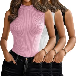 3 Pack Women's Sleeveless Mock Turtlenecks Shirts, Ribbed Stretch Slim Fitted Tank Top Basic Lightweight Bustier Tee
