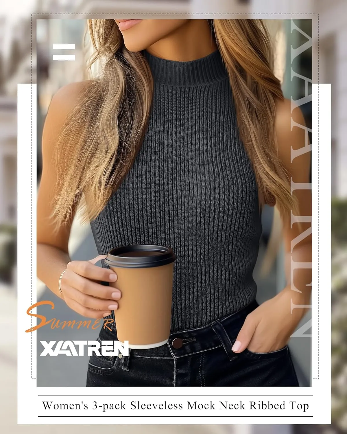 3 Pack Women's Sleeveless Mock Turtlenecks Shirts, Ribbed Stretch Slim Fitted Tank Top Basic Lightweight Bustier Tee