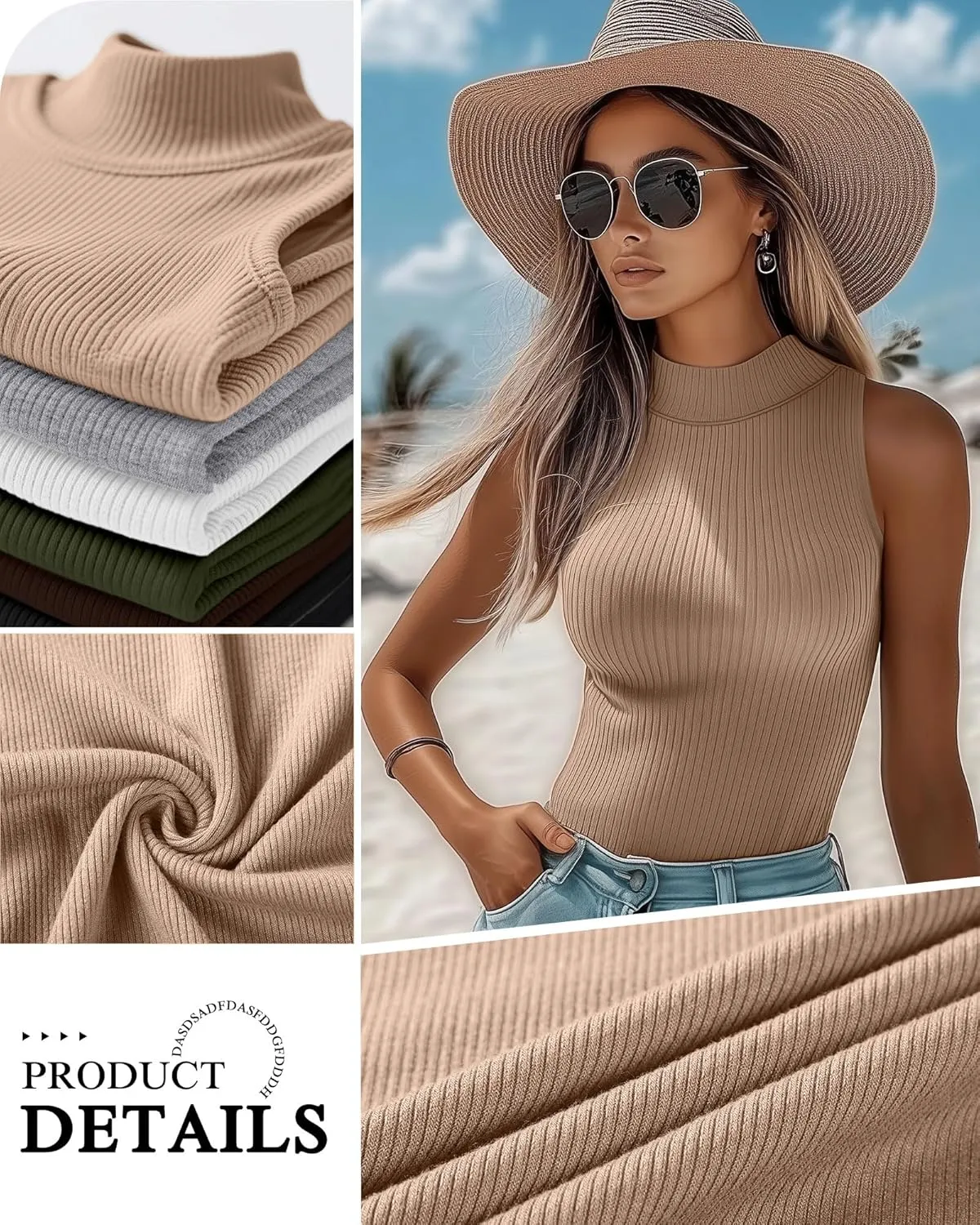 3 Pack Women's Sleeveless Mock Turtlenecks Shirts, Ribbed Stretch Slim Fitted Tank Top Basic Lightweight Bustier Tee