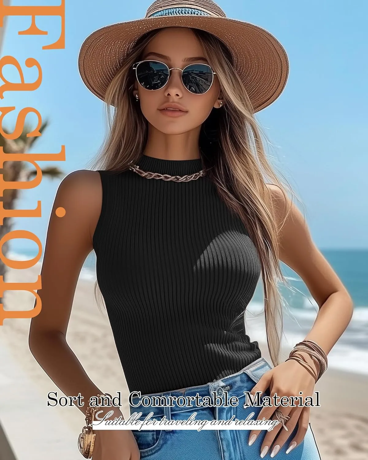 3 Pack Women's Sleeveless Mock Turtlenecks Shirts, Ribbed Stretch Slim Fitted Tank Top Basic Lightweight Bustier Tee