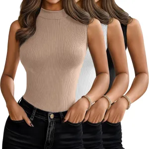 3 Pack Women's Sleeveless Mock Turtlenecks Shirts, Ribbed Stretch Slim Fitted Tank Top Basic Lightweight Bustier Tee