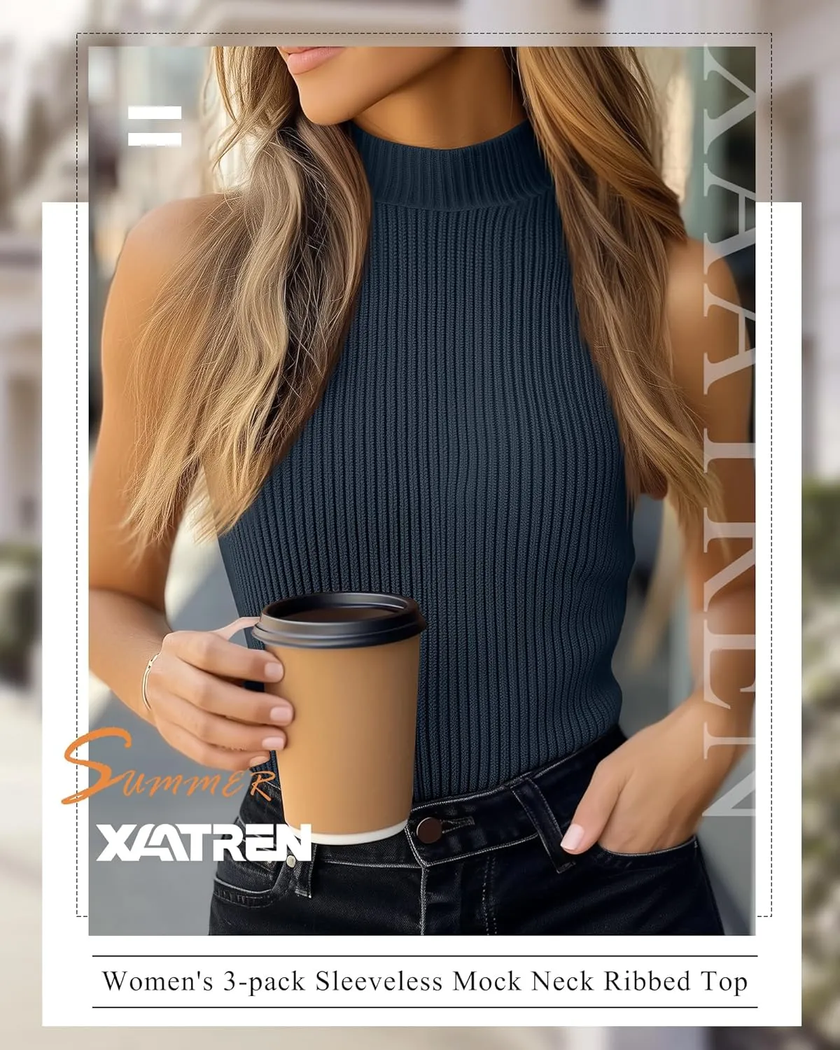 3 Pack Women's Sleeveless Mock Turtlenecks Shirts, Ribbed Stretch Slim Fitted Tank Top Basic Lightweight Bustier Tee