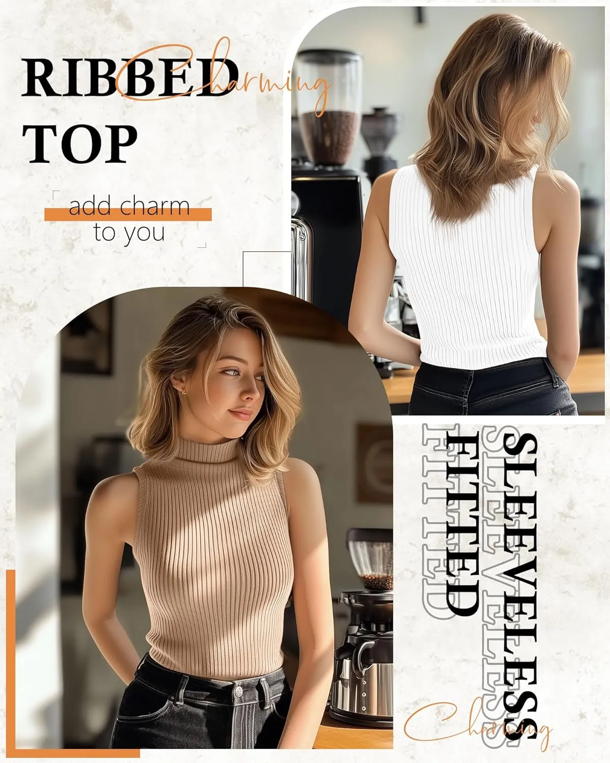 3 Pack Women's Sleeveless Mock Turtlenecks Shirts, Ribbed Stretch Slim Fitted Tank Top Basic Lightweight Bustier Tee