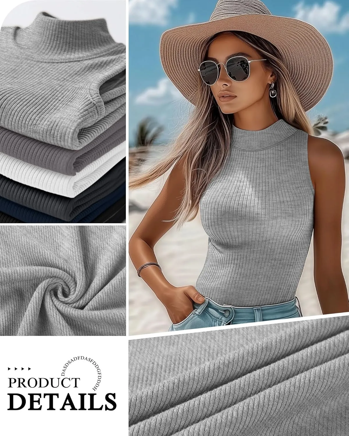 3 Pack Women's Sleeveless Mock Turtlenecks Shirts, Ribbed Stretch Slim Fitted Tank Top Basic Lightweight Bustier Tee