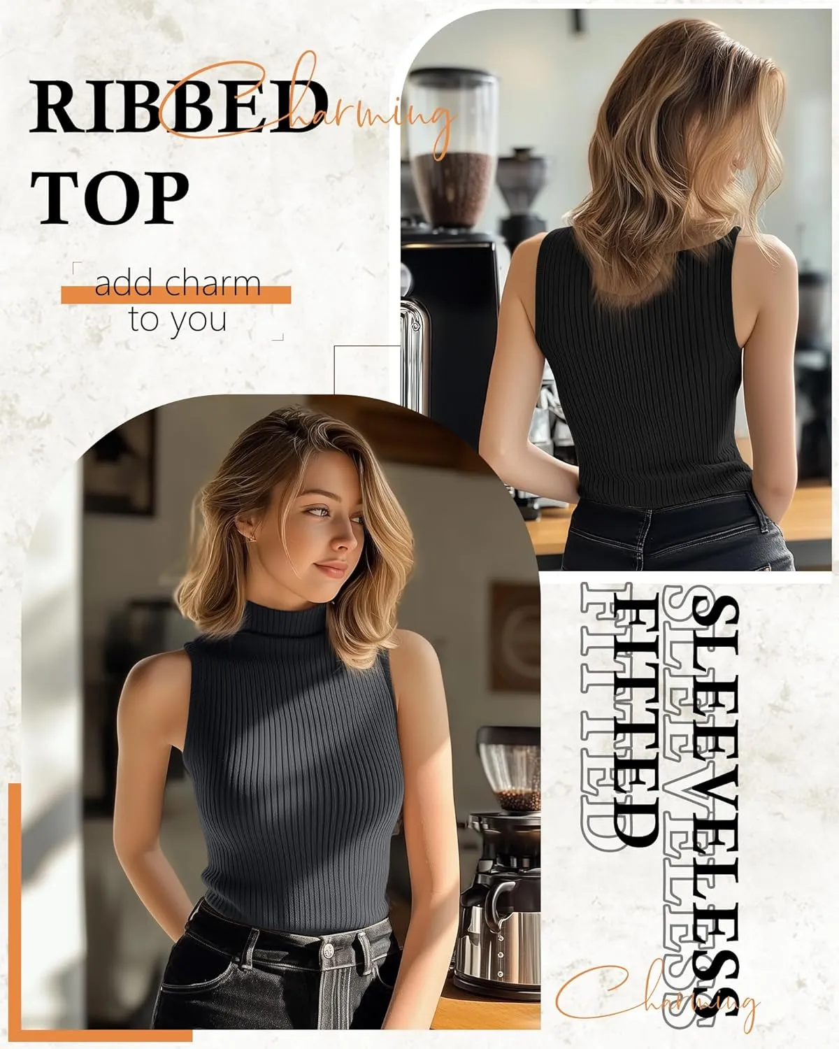 3 Pack Women's Sleeveless Mock Turtlenecks Shirts, Ribbed Stretch Slim Fitted Tank Top Basic Lightweight Bustier Tee