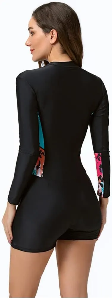 ABOCIW Womens One Piece Long Sleeve Swimsuit Rash Guard Bathing Suit Boyleg Bottom UPF 50  Surfing Swimwear