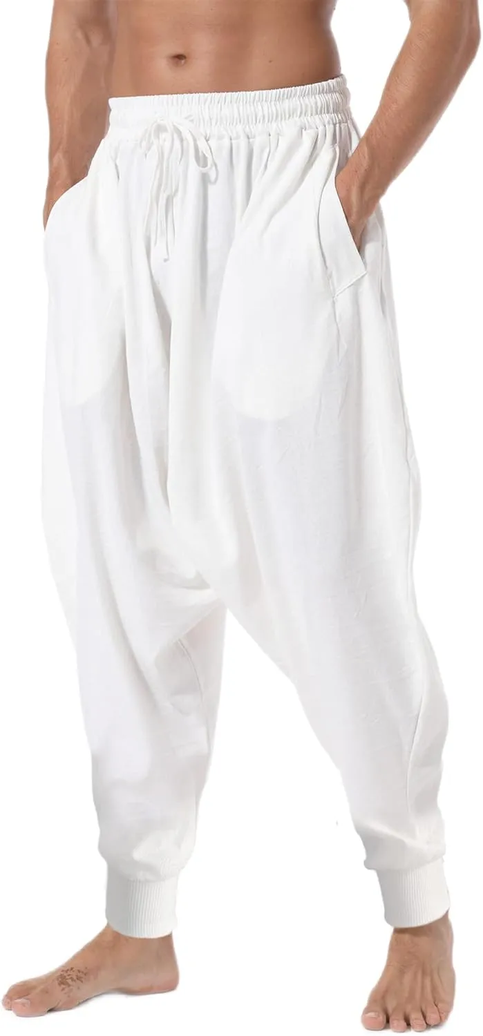 AITFINEISM Men's Drawstring Aladdin Hippie Harem Pants Loose Drop Crotch Trousers