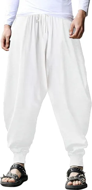 AITFINEISM Men's Drawstring Aladdin Hippie Harem Pants Loose Drop Crotch Trousers