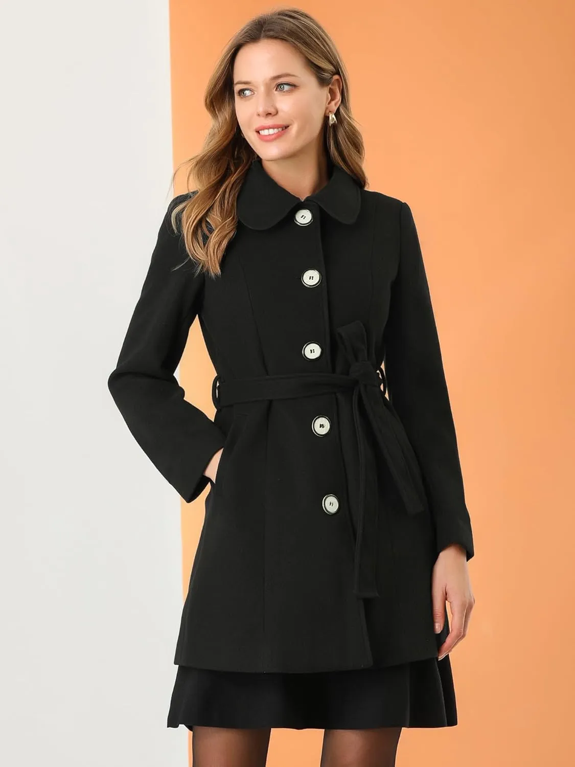 Allegra K Women's Winter Elegant Lapel Collar Long Trench Coat