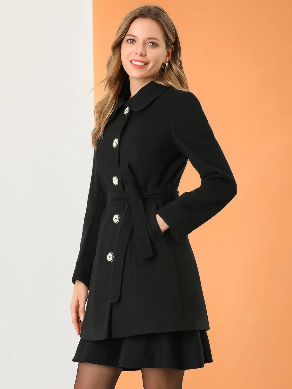 Allegra K Women's Winter Elegant Lapel Collar Long Trench Coat