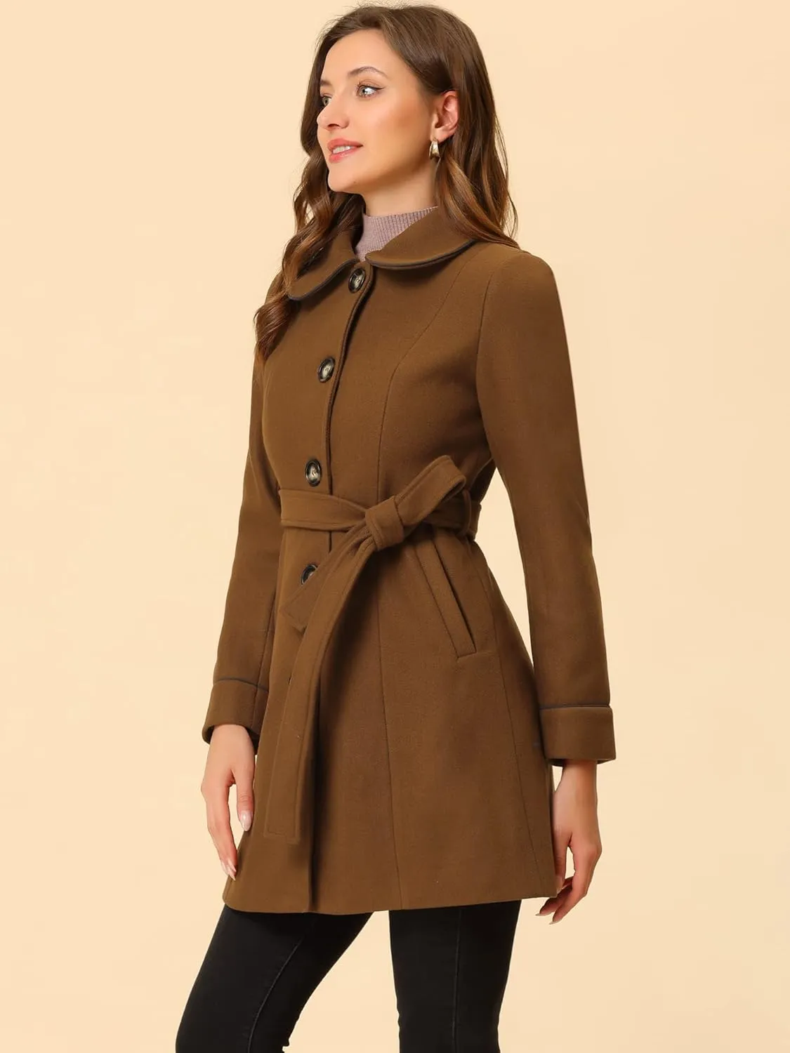 Allegra K Women's Winter Elegant Lapel Collar Long Trench Coat