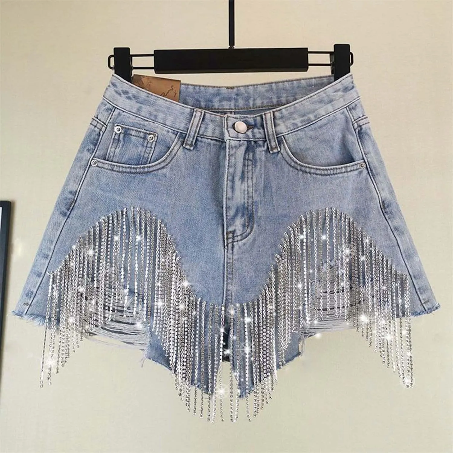 AMDBEL Women's Jean Shorts,Summer Fashion Solid Color Hollow Out Diamond Tassel Chain Hot Jean Shorts Casual Denim Shorts